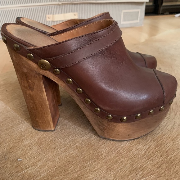 CHANEL Leather Studded Clogs 38 Brown 23446